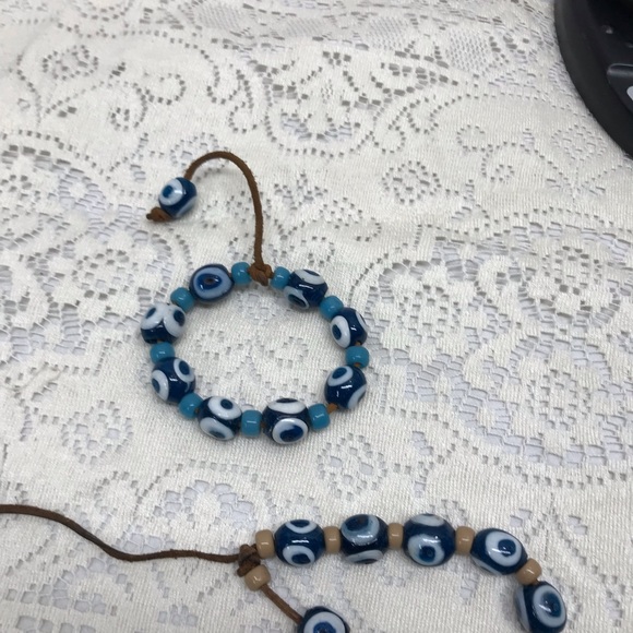 Natural Stone Evil Protective Eye Bracelet Leather Cord Strung Set Of 2 - Picture 8 of 9